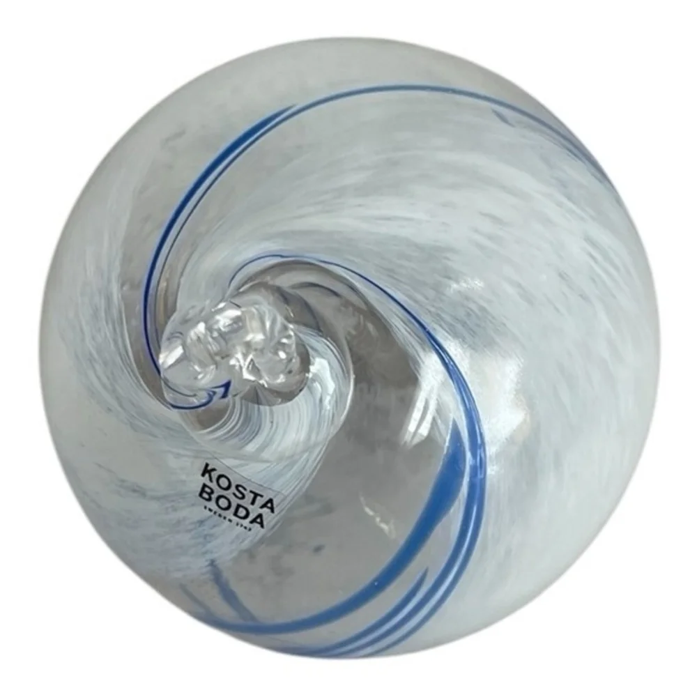Kosta Boda White Blue Swirl Glass Ball Ornament 3.5